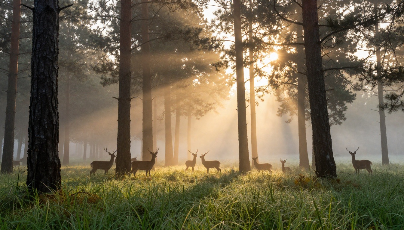A forest clearing at dawn, soft volumetric fog between pine trees, golden god-rays filtering through the canopy, dew drops in sharp foreground focus