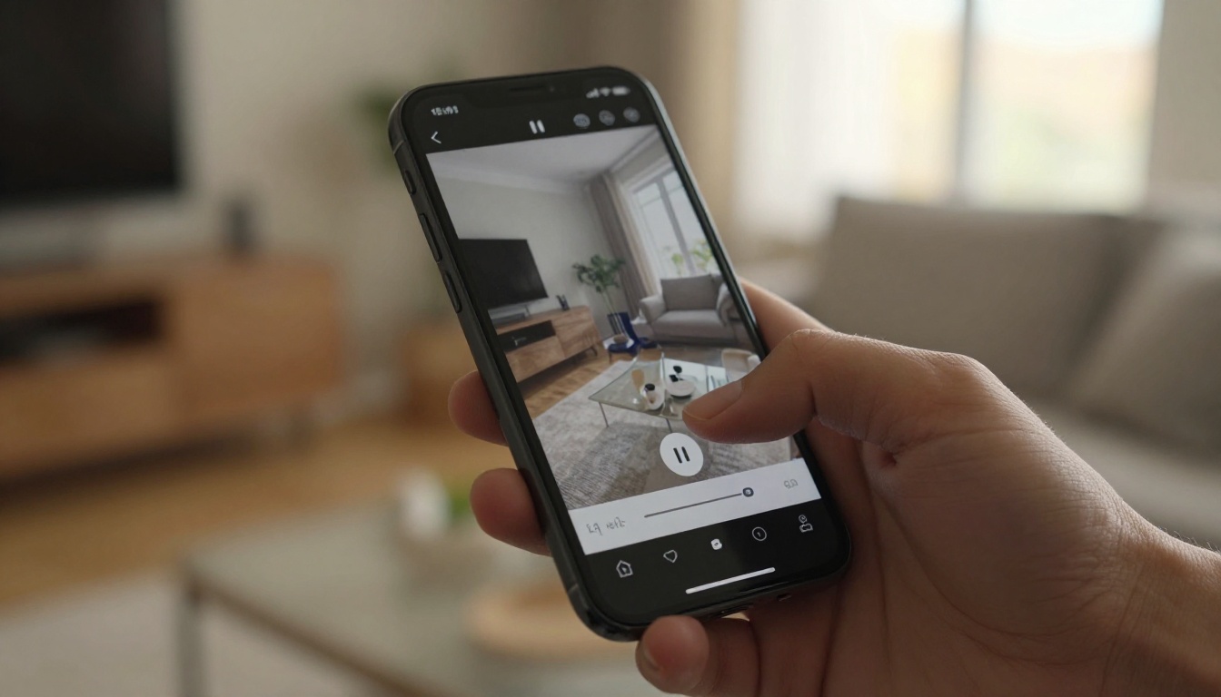 A smartphone displaying a video playback interface, held loosely in a hand, blurred warm living room in the background A smartphone displaying a video playback interface, held loosely in a hand, blurred warm living room in the background