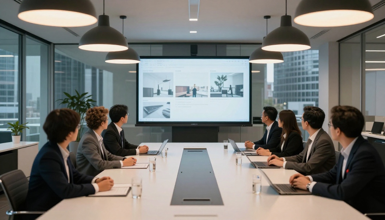 Professionals in a modern conference room discussing video content on a large presentation screen, pendant lights creating warm pools on the table Professionals in a modern conference room discussing video content on a large presentation screen, pendant lights creating warm pools on the table
