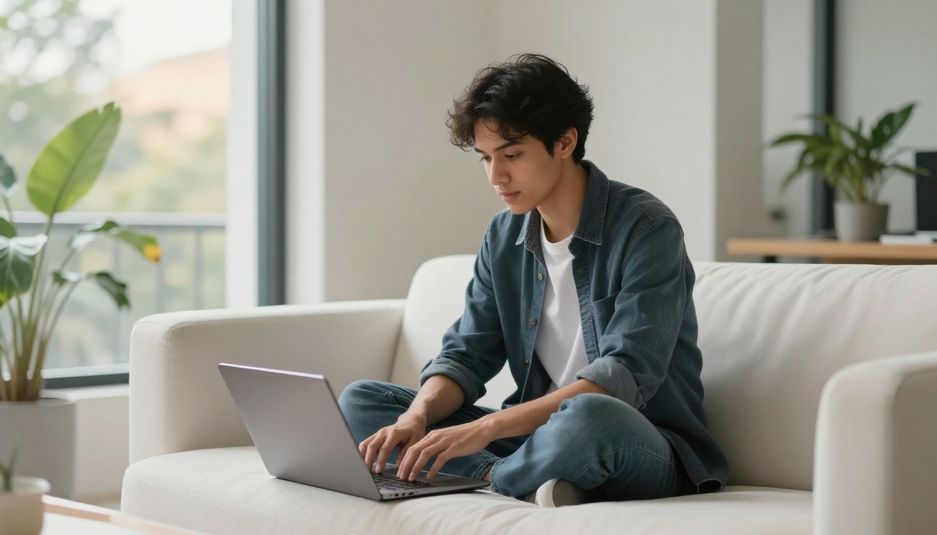 A young Hispanic creative professional on a minimalist white sofa with a laptop, warm afternoon light through tall windows, plants softly out of focus in the foreground A young Hispanic creative professional on a minimalist white sofa with a laptop, warm afternoon light through tall windows, plants softly out of focus in the foreground