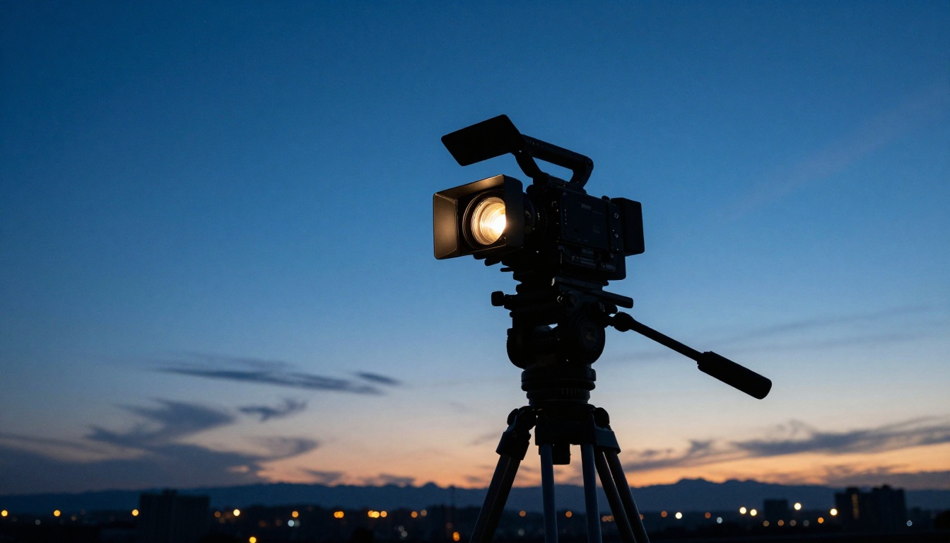 A film production camera silhouetted on a tripod against a deep blue twilight sky, warm LED lights glowing on the lens body, distant city skyline amber on the horizon A film production camera silhouetted on a tripod against a deep blue twilight sky, warm LED lights glowing on the lens body, distant city skyline amber on the horizon