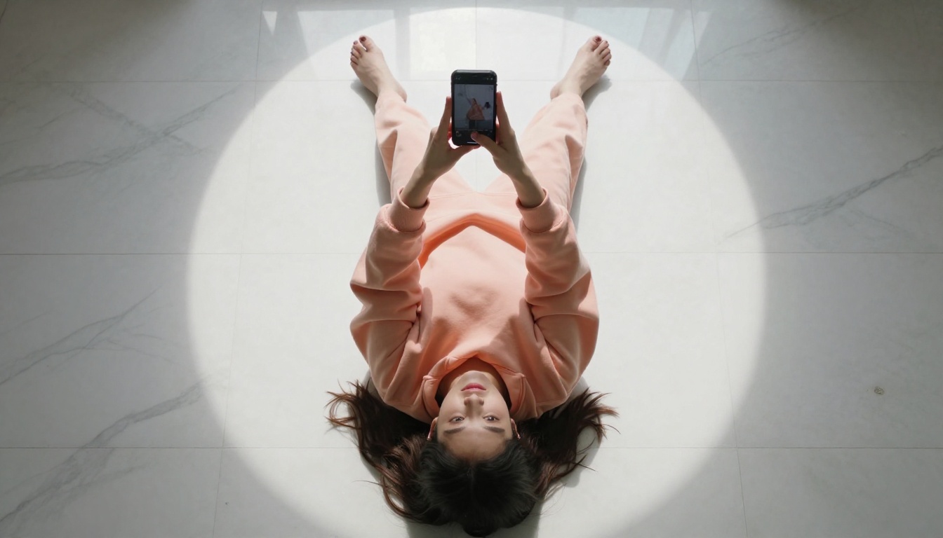 Woman filming vertical selfie video lying on white marble floor, smartphone held above face in both hands