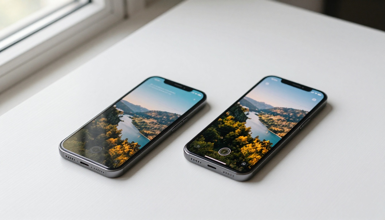 Two premium smartphones side by side on a minimalist white table, one showing 16:9 landscape video and the other 9:16 portrait video