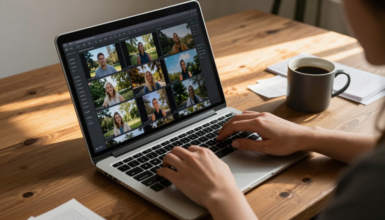 Close-up of woman's hands typing on laptop with AI video generation interface showing portrait-orientation video thumbnails on screen