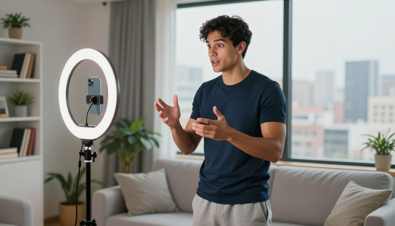 Young man in navy crewneck filming himself with ring light and smartphone on tripod in bright modern apartment