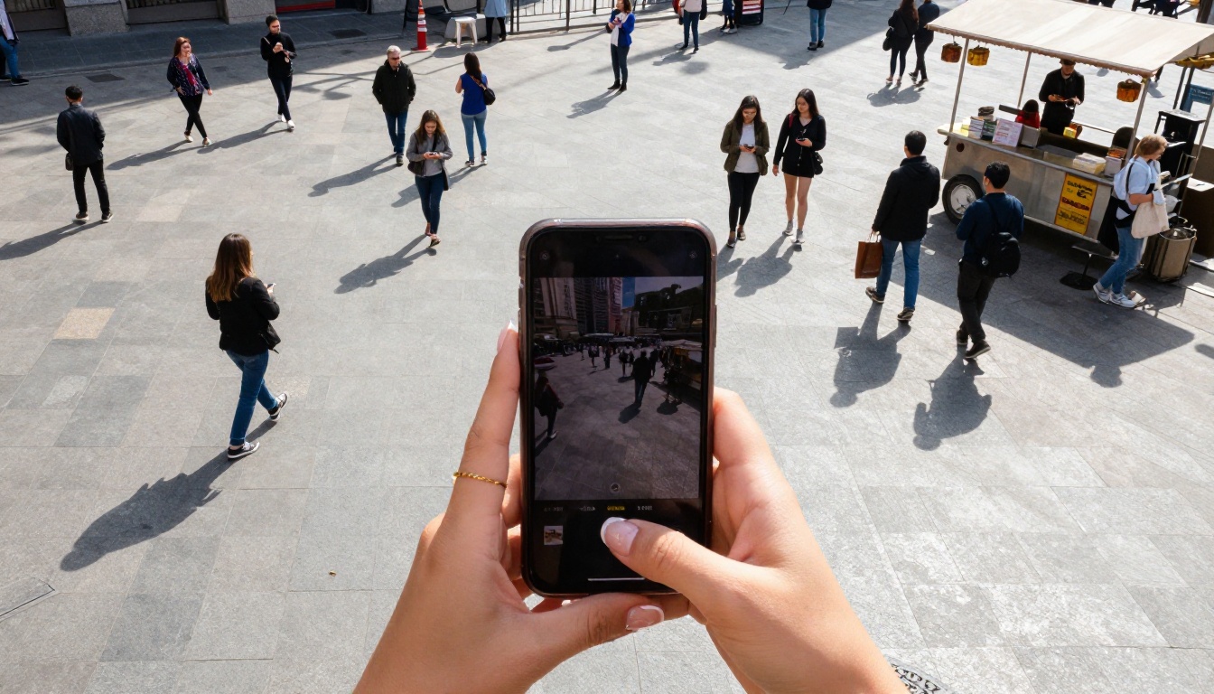 Aerial bird's-eye view of urban plaza captured on a smartphone held in portrait orientation with French-tipped nails visible