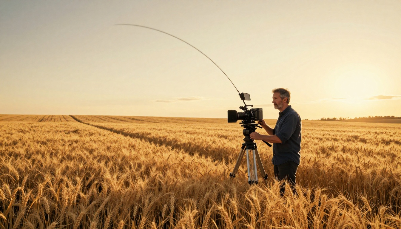 Pan shot across golden wheat field at magic hour with cinema camera on fluid head tripod