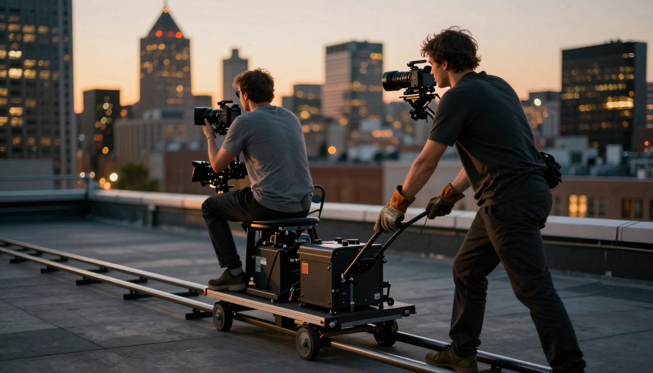 Film crew operating dolly track on urban rooftop at dusk with city lights in background