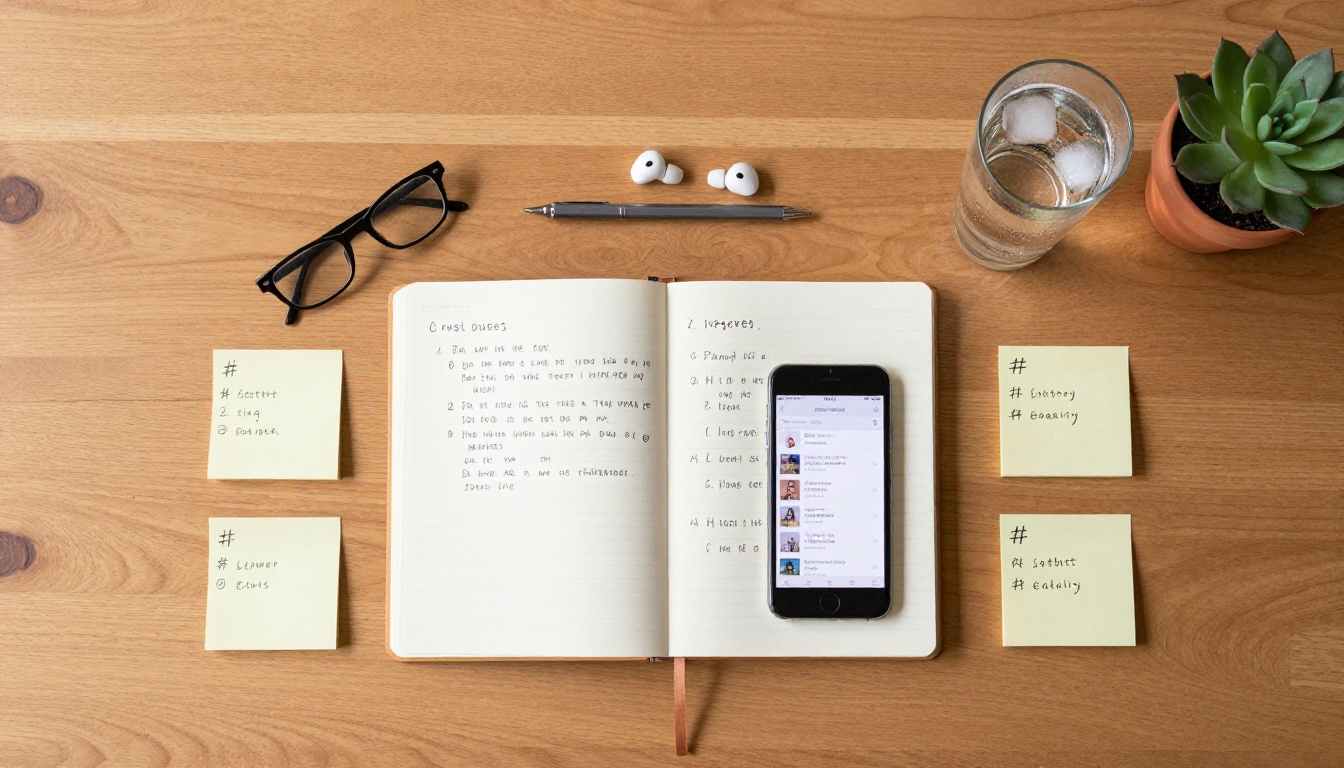 Creative workspace flat lay overhead view with notebook, smartphone showing vertical video storyboard, earbuds, and succulent on oak desk Creative workspace flat lay overhead view with notebook, smartphone showing vertical video storyboard, earbuds, and succulent on oak desk