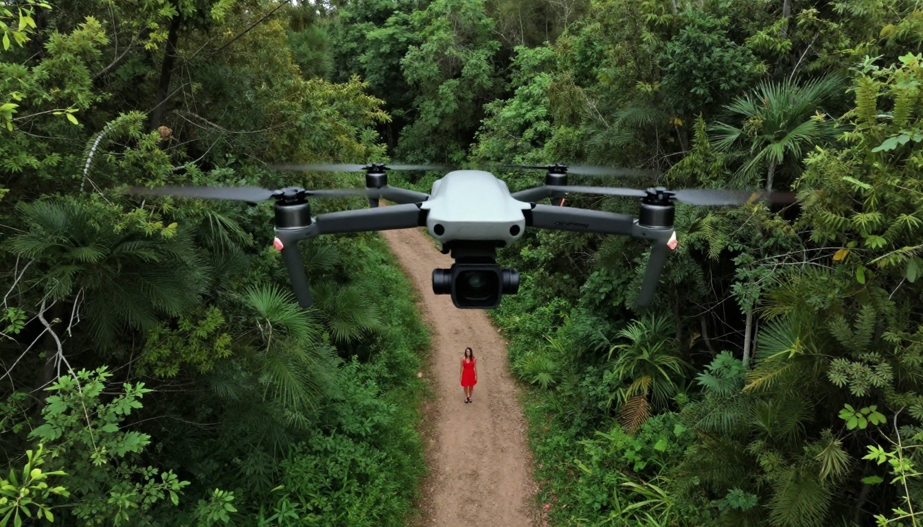 Aerial drone view over vast forest canopy with woman in red dress standing alone on winding path below