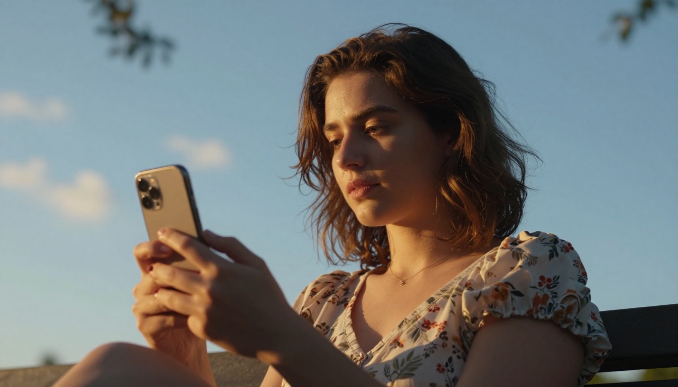 Woman on park bench at golden hour filming vertical selfie video, rim-lit against open blue sky with warm sun behind her Woman on park bench at golden hour filming vertical selfie video, rim-lit against open blue sky with warm sun behind her