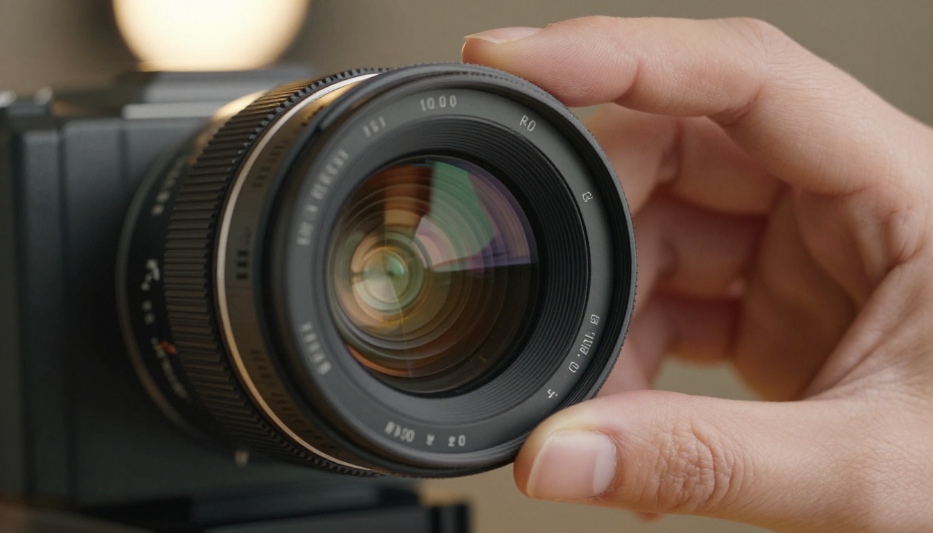 Extreme close-up of cinema camera prime lens being manually focused by female hands with precise fingertip control