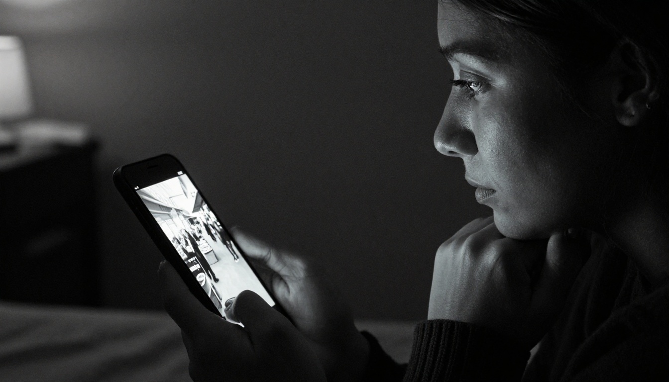 Woman in dark room watching vertical video on smartphone, cool blue screen glow illuminating one side of her face in profile Woman in dark room watching vertical video on smartphone, cool blue screen glow illuminating one side of her face in profile