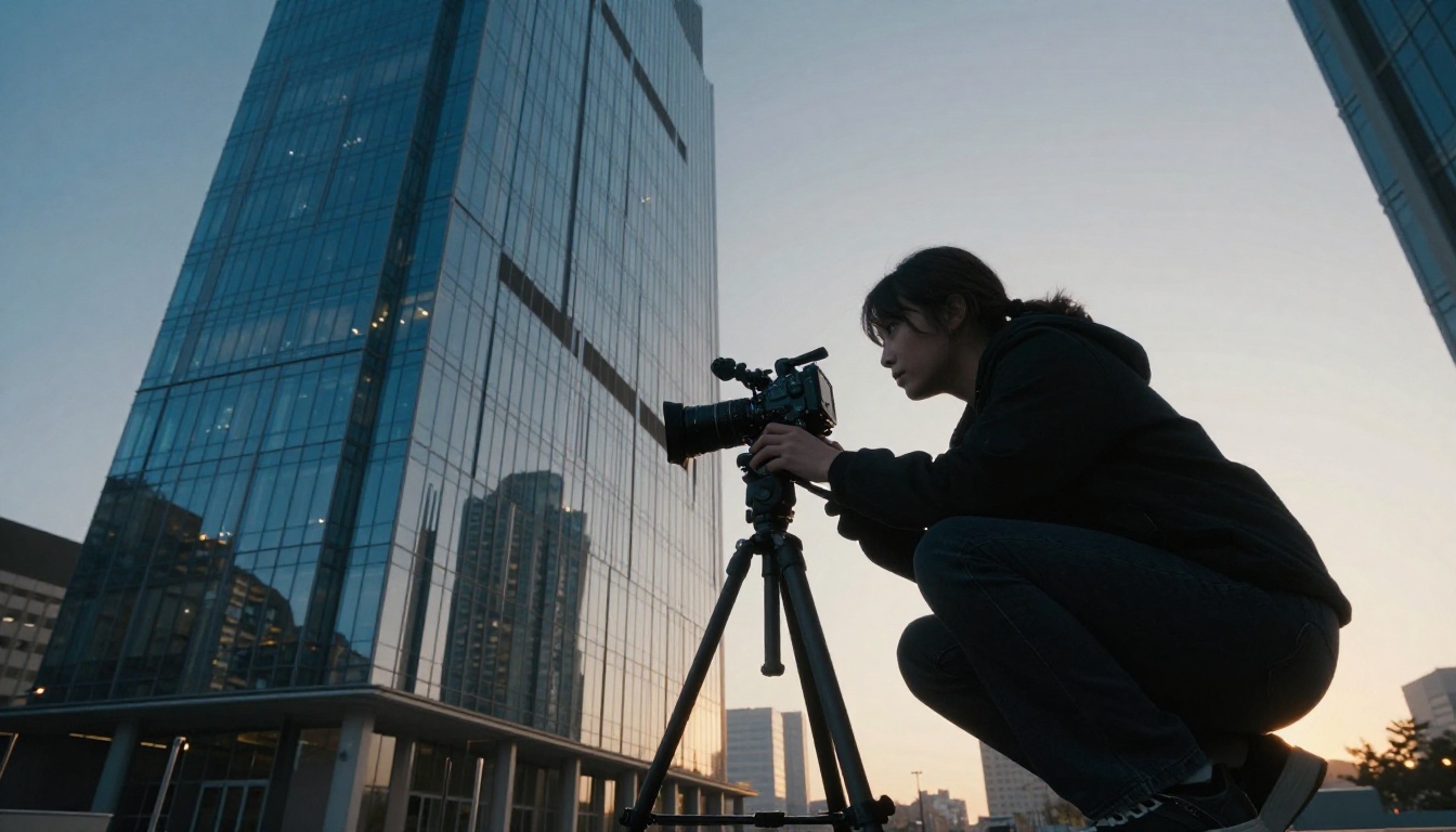 Female cinematographer crouching low to frame a dutch tilt angle of a glass building at dawn