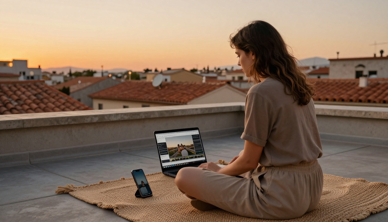 Woman sitting cross-legged on rooftop terrace at golden hour with laptop showing AI video results and smartphone displaying vertical video preview against Mediterranean skyline Woman sitting cross-legged on rooftop terrace at golden hour with laptop showing AI video results and smartphone displaying vertical video preview against Mediterranean skyline