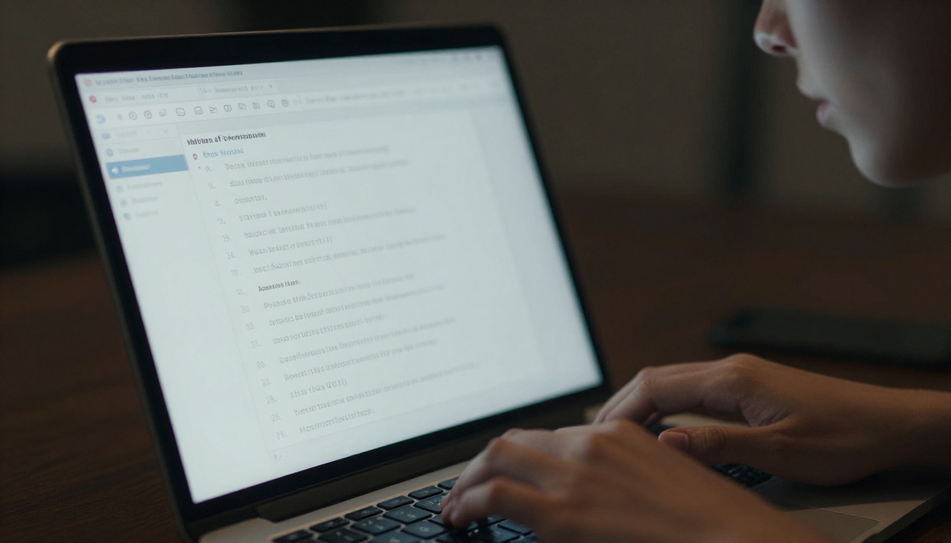 Woman typing camera movement prompts on a laptop screen in a dimly lit creative studio