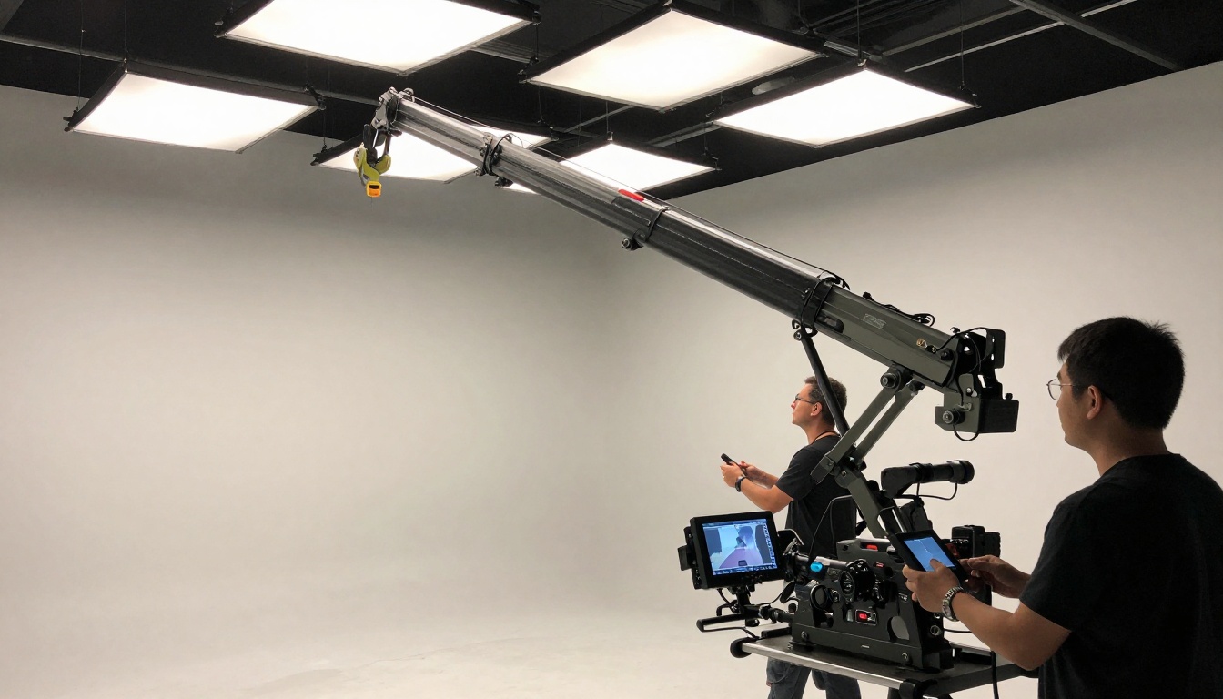 Three film crew members operating a large professional jib crane arm on an indoor studio set