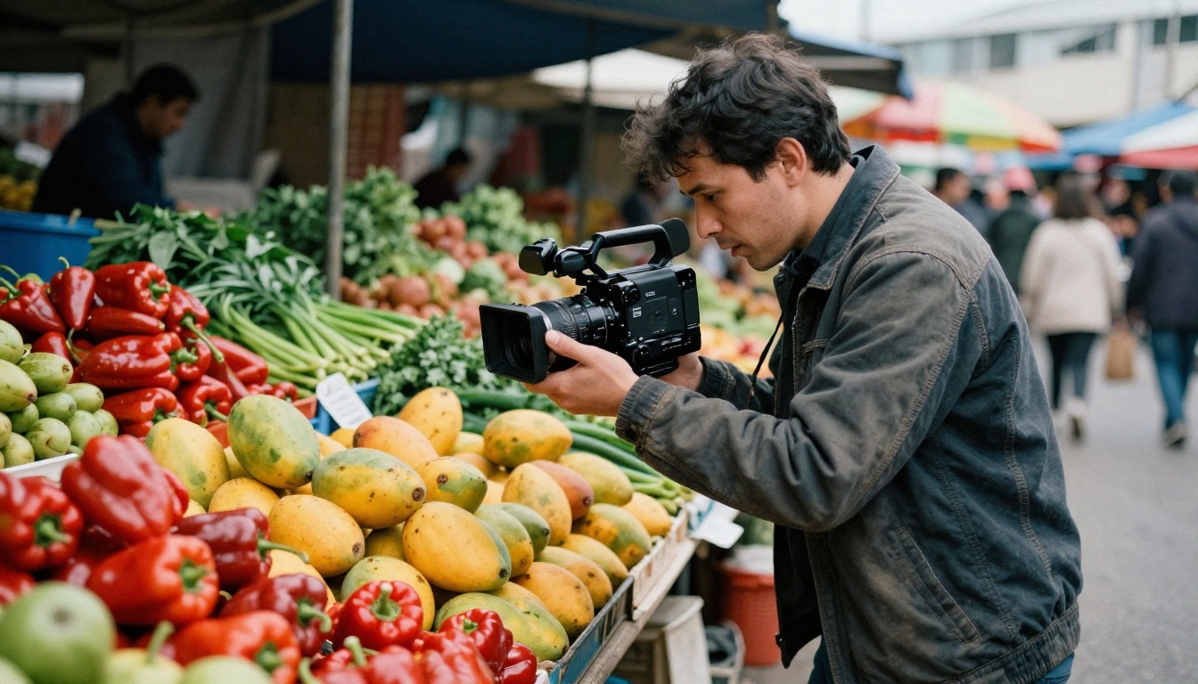 Male documentary filmmaker with shoulder-mounted camera following a subject through a vibrant outdoor market