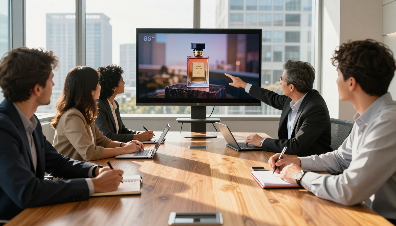 Marketing team reviewing video ads on a large screen in a modern agency boardroom