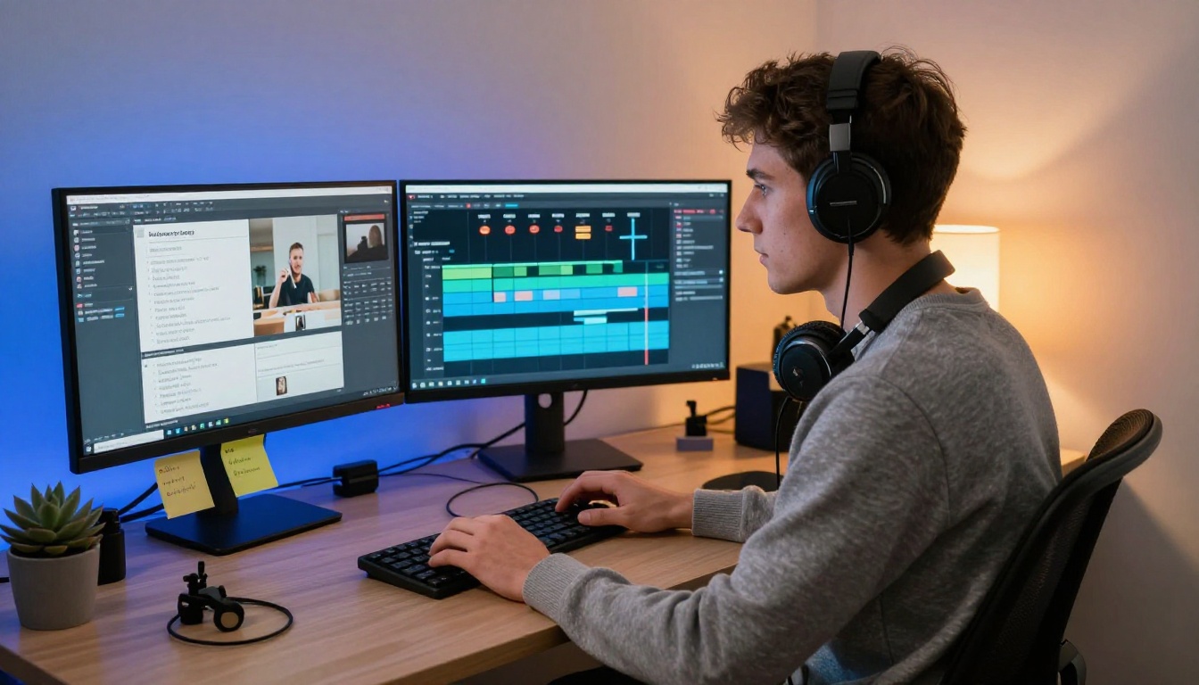 Young content creator at a desk with three monitors showing an AI video generation interface