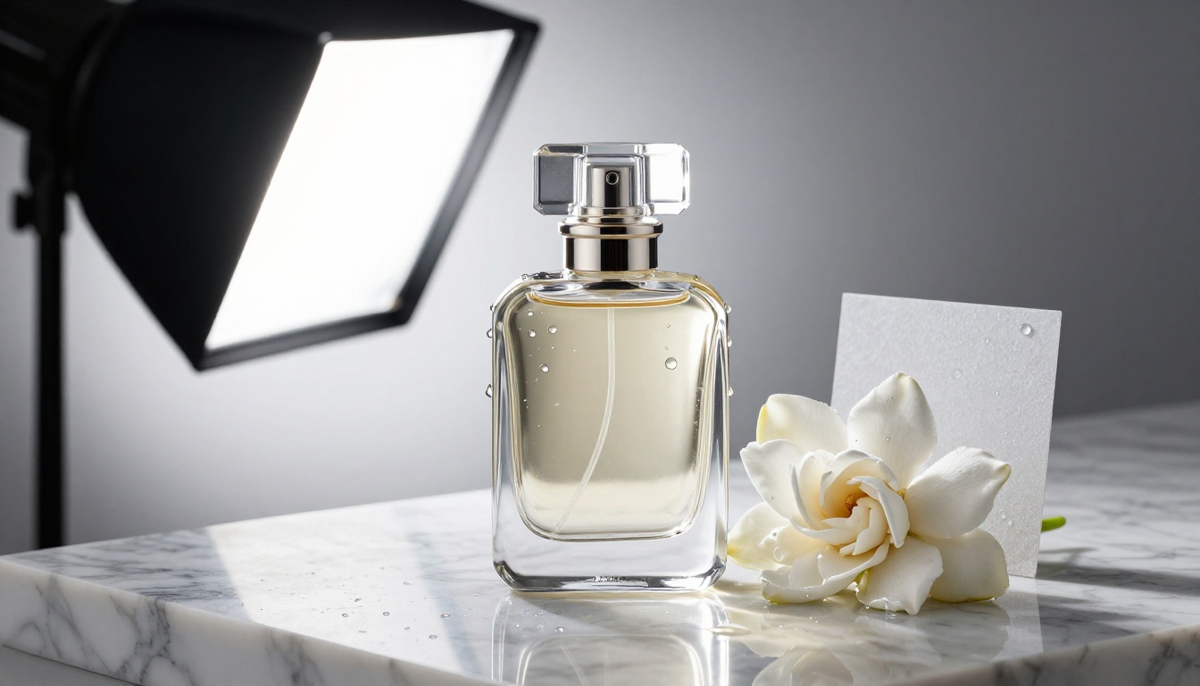 Luxury perfume bottle on marble surface with dramatic studio lighting and water droplets