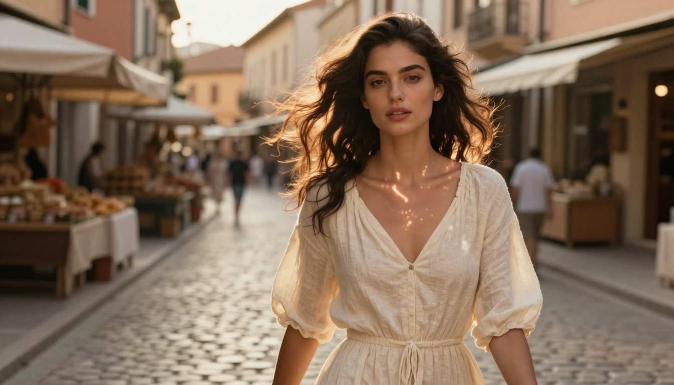 Woman in cream linen dress walking through a Mediterranean market street, fashion advertisement