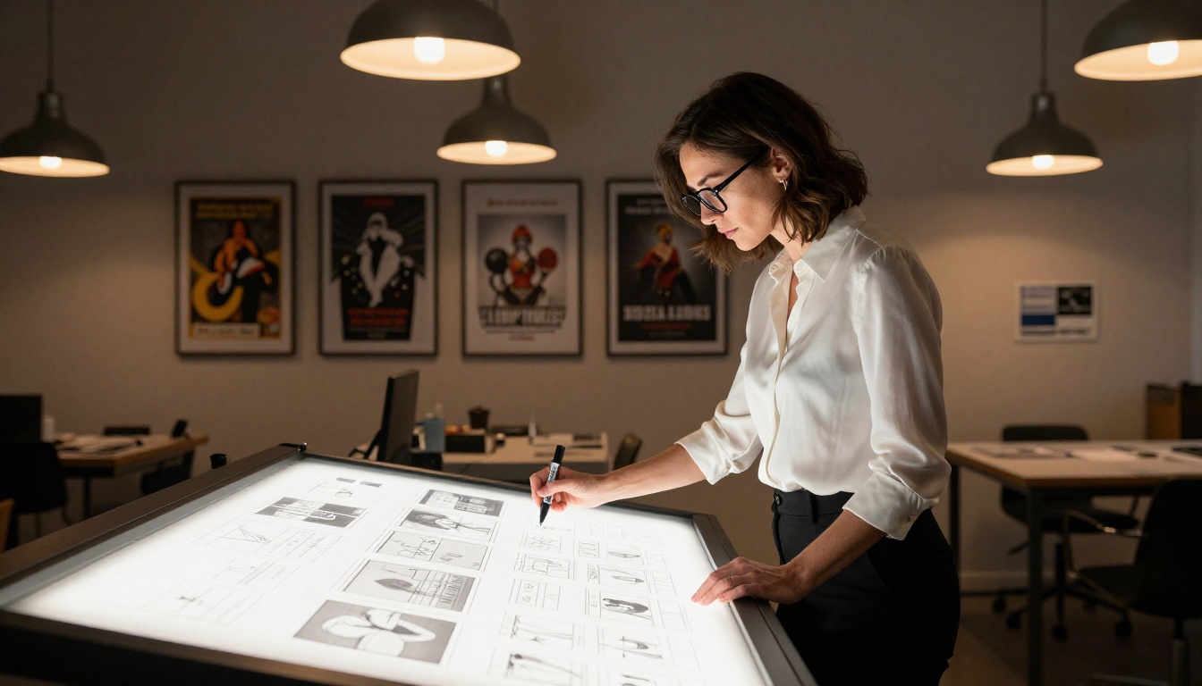 Professional creative director reviewing video storyboards on a light table in a design studio