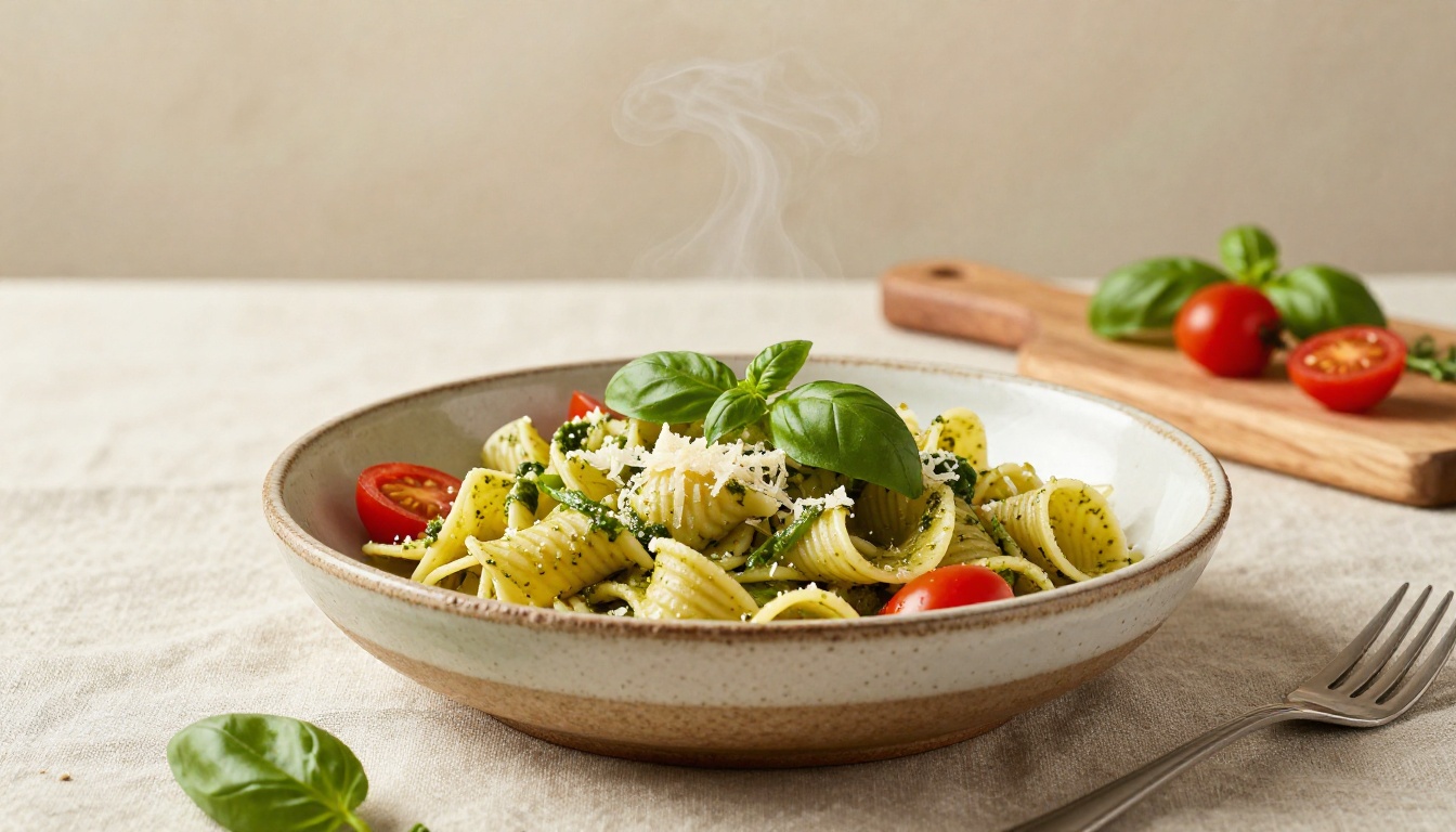 Beautifully plated pesto pasta in a ceramic bowl with window light, food advertisement photography
