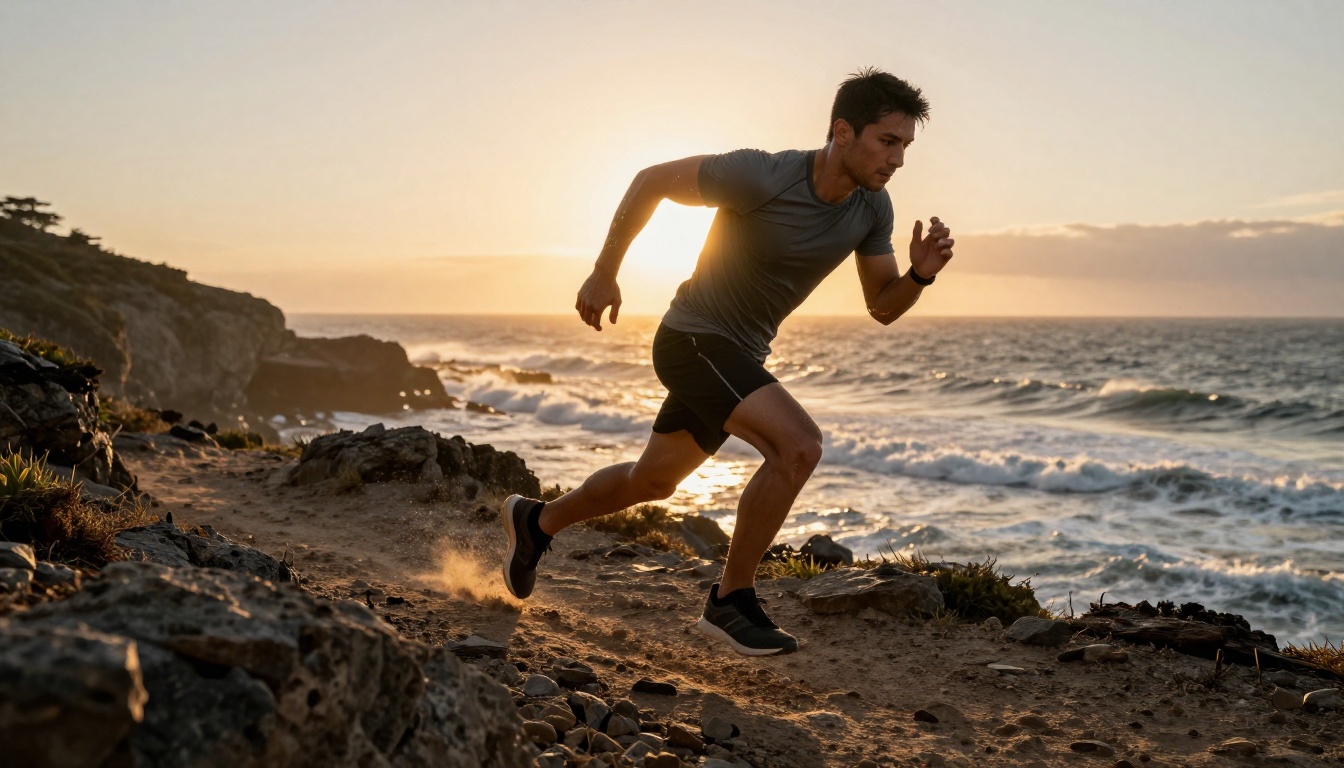 Male athlete sprinting on a coastal trail at dawn, sports performance advertisement
