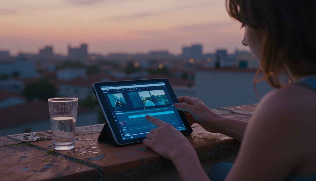 Filmmaker reviewing footage on a rooftop terrace at golden hour
