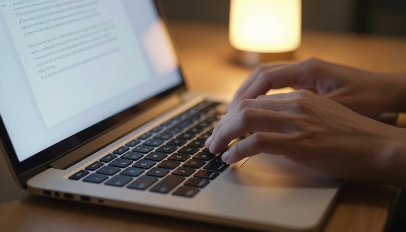 Close-up of hands typing a video prompt on a laptop keyboard at night