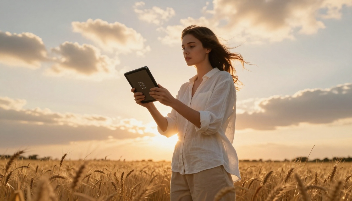 A woman video director holding a tablet in a golden wheat field at magic hour, Canon 35mm f/2, warm backlight halo, Kodak Portra 400 film grain A woman video director holding a tablet in a golden wheat field at magic hour, Canon 35mm f/2, warm backlight halo, Kodak Portra 400 film grain