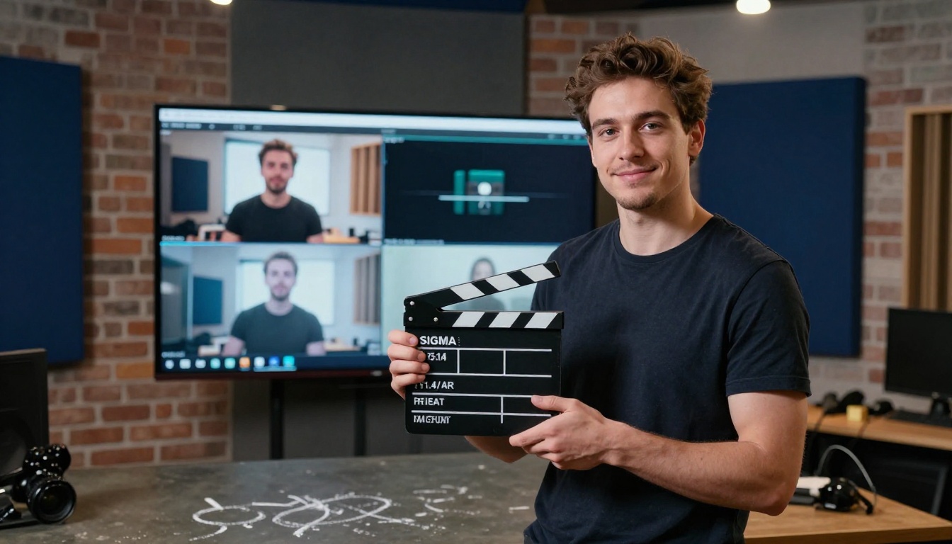 Creator holding a clapperboard in a modern recording studio with before and after comparison on screen