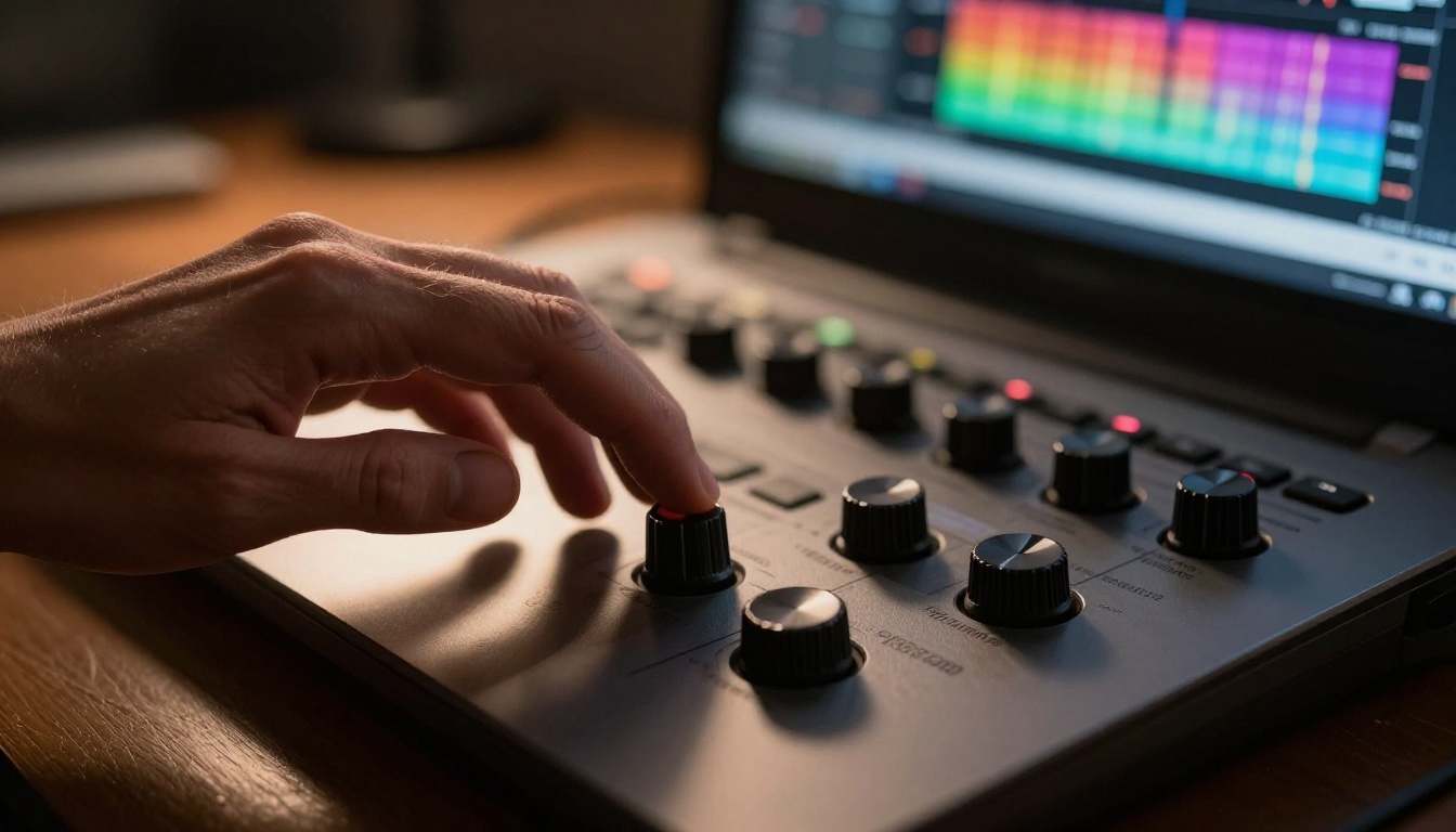 Extreme close-up of a video editor's hands on a color-grading panel, warm directional sidelight, 100mm macro lens, Kodak Portra 400 grain Extreme close-up of a video editor's hands on a color-grading panel, warm directional sidelight, 100mm macro lens, Kodak Portra 400 grain