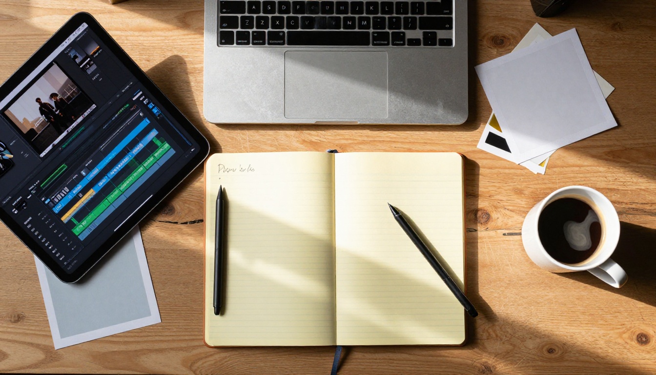 Aerial top-down view of a creative workspace with laptop, tablet, coffee, and handwritten notes