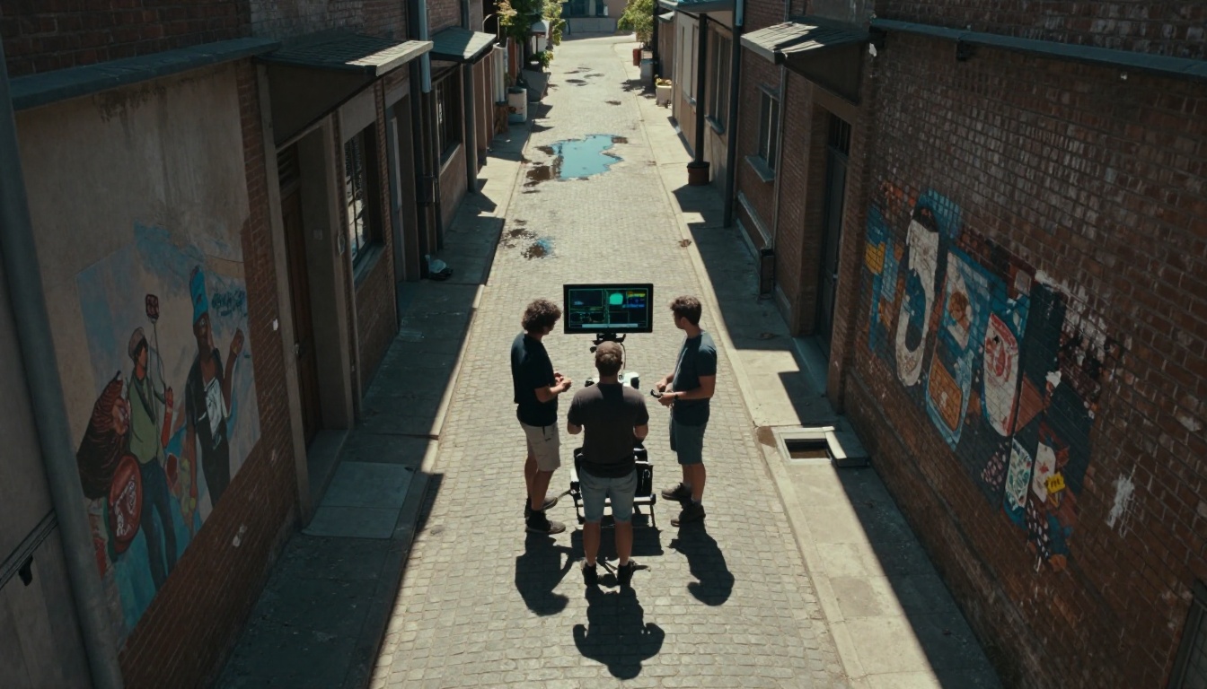 Aerial drone shot straight down at a film crew in a sunlit cobblestone alleyway reviewing playback on a monitor, Kodak Ektar 100, documentary style Aerial drone shot straight down at a film crew in a sunlit cobblestone alleyway reviewing playback on a monitor, Kodak Ektar 100, documentary style
