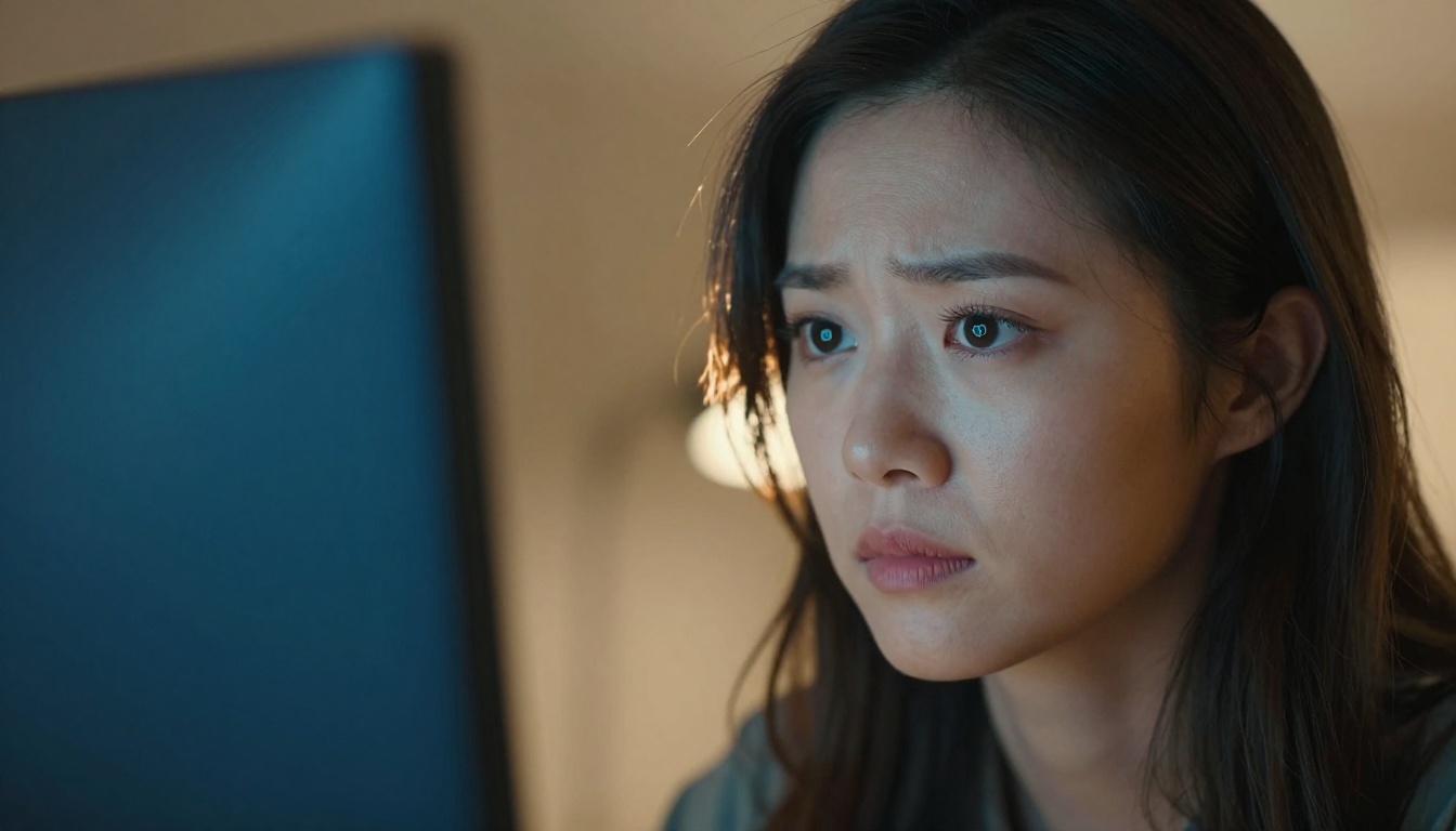 Woman studying a color grading panel on a monitor with intense focus