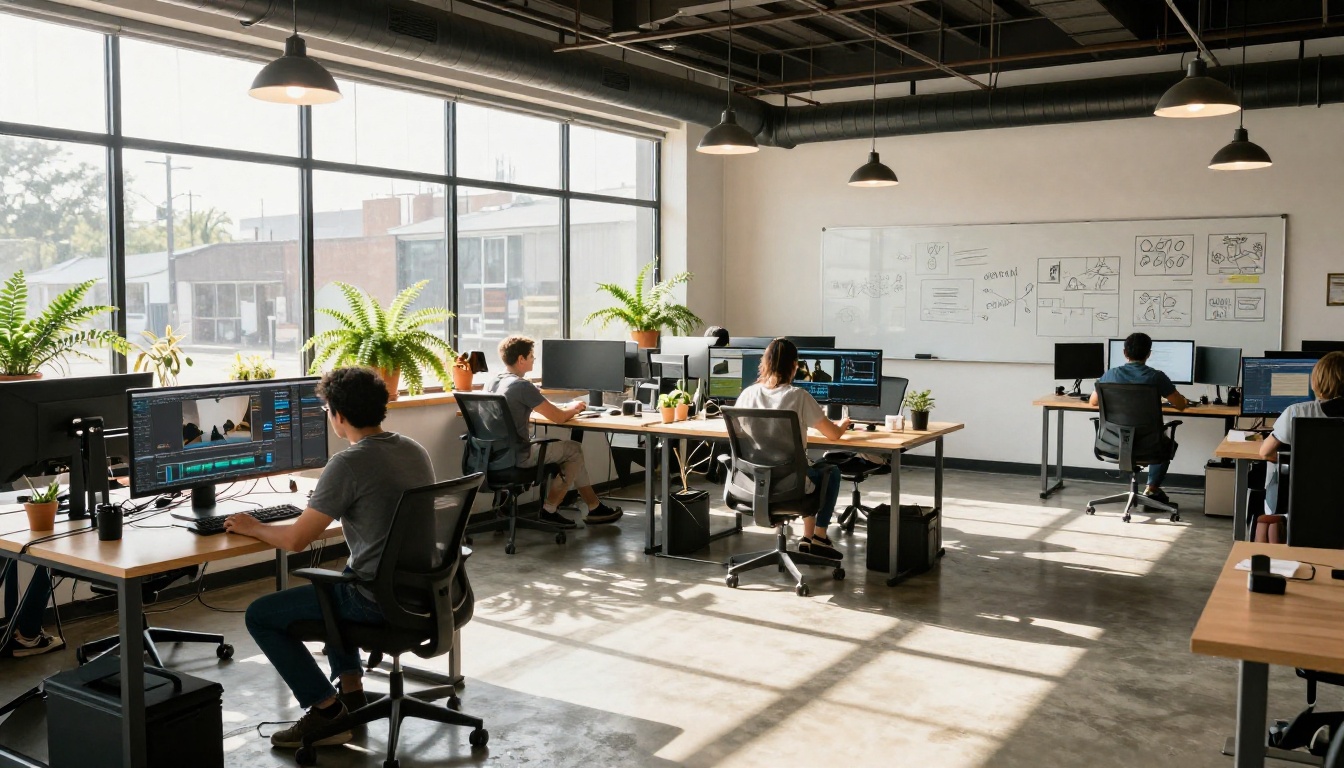 Multiple creators at workstations in a co-working studio flooded with morning sunlight Multiple creators at workstations in a co-working studio flooded with morning sunlight