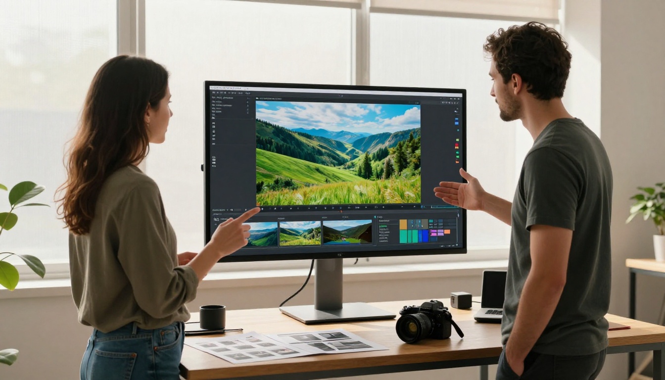 Two creative professionals reviewing footage together on a 4K reference monitor in a bright modern studio, morning light through frosted glass panels, 50mm f/2 natural lens, Kodak Portra 400 Two creative professionals reviewing footage together on a 4K reference monitor in a bright modern studio, morning light through frosted glass panels, 50mm f/2 natural lens, Kodak Portra 400