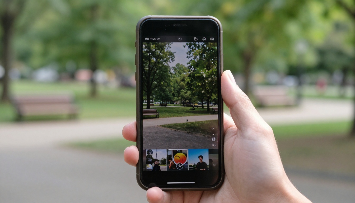 Smartphone displaying AI video playback interface held outdoors in a park Smartphone displaying AI video playback interface held outdoors in a park