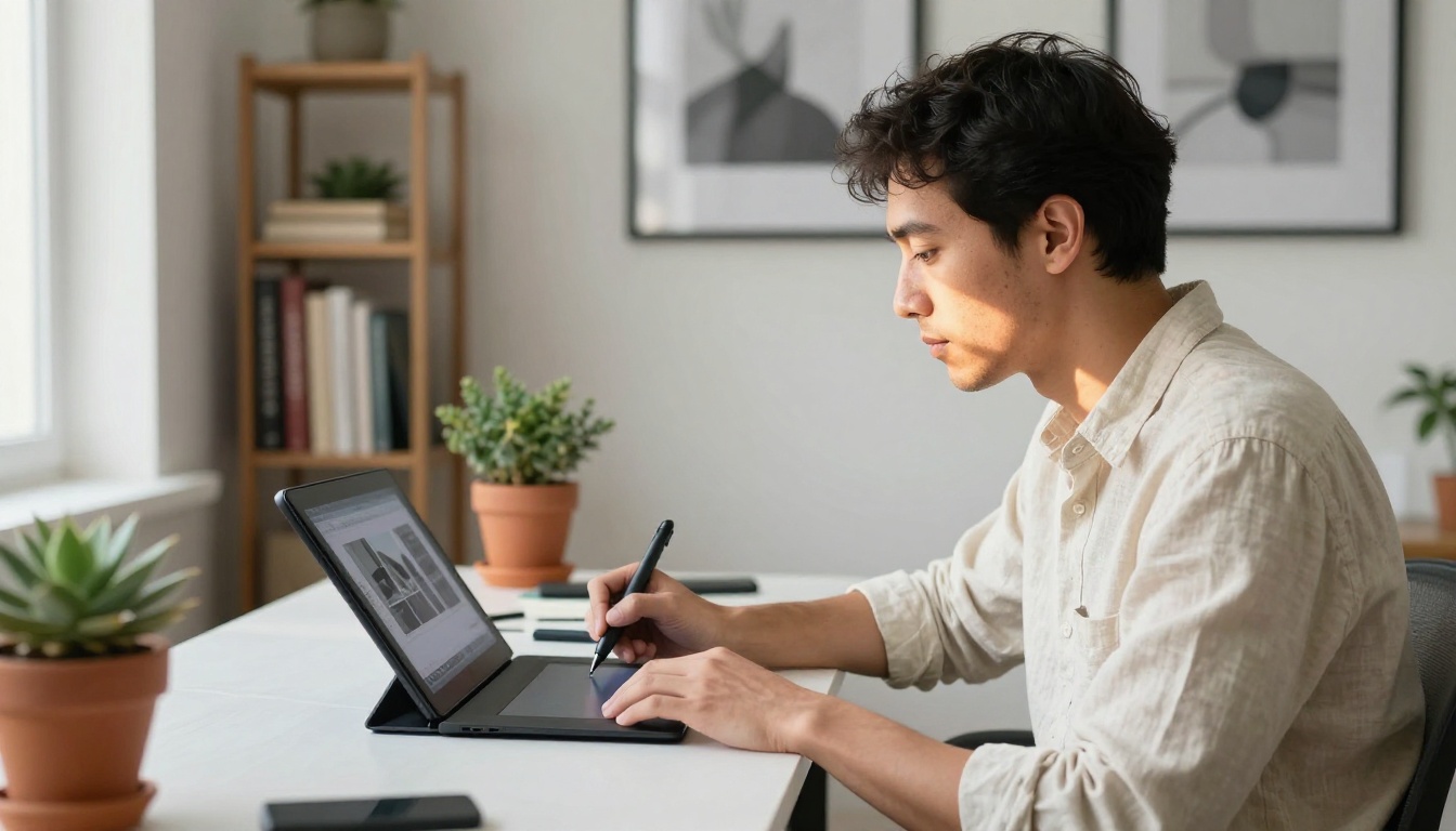 Creator at a standing desk using a stylus tablet in a contemporary home office Creator at a standing desk using a stylus tablet in a contemporary home office
