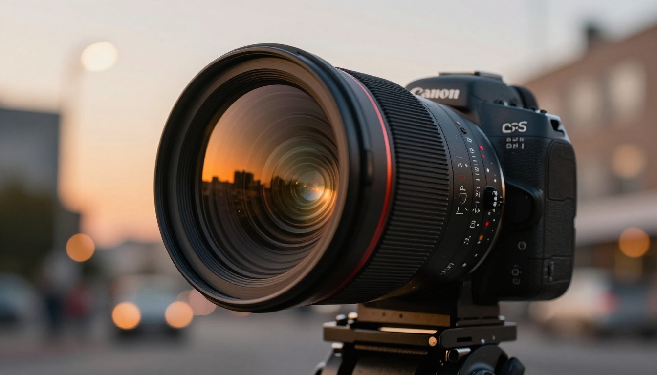 Dramatic low-angle close-up of an anamorphic cinema lens at dusk, glass elements reflecting a distorted cityscape, Fujifilm Provia film tones, bokeh streetlights, natural vignette