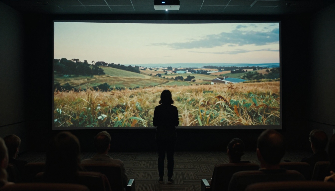 Creative director presenting AI video footage to a seated audience via projection screen Creative director presenting AI video footage to a seated audience via projection screen
