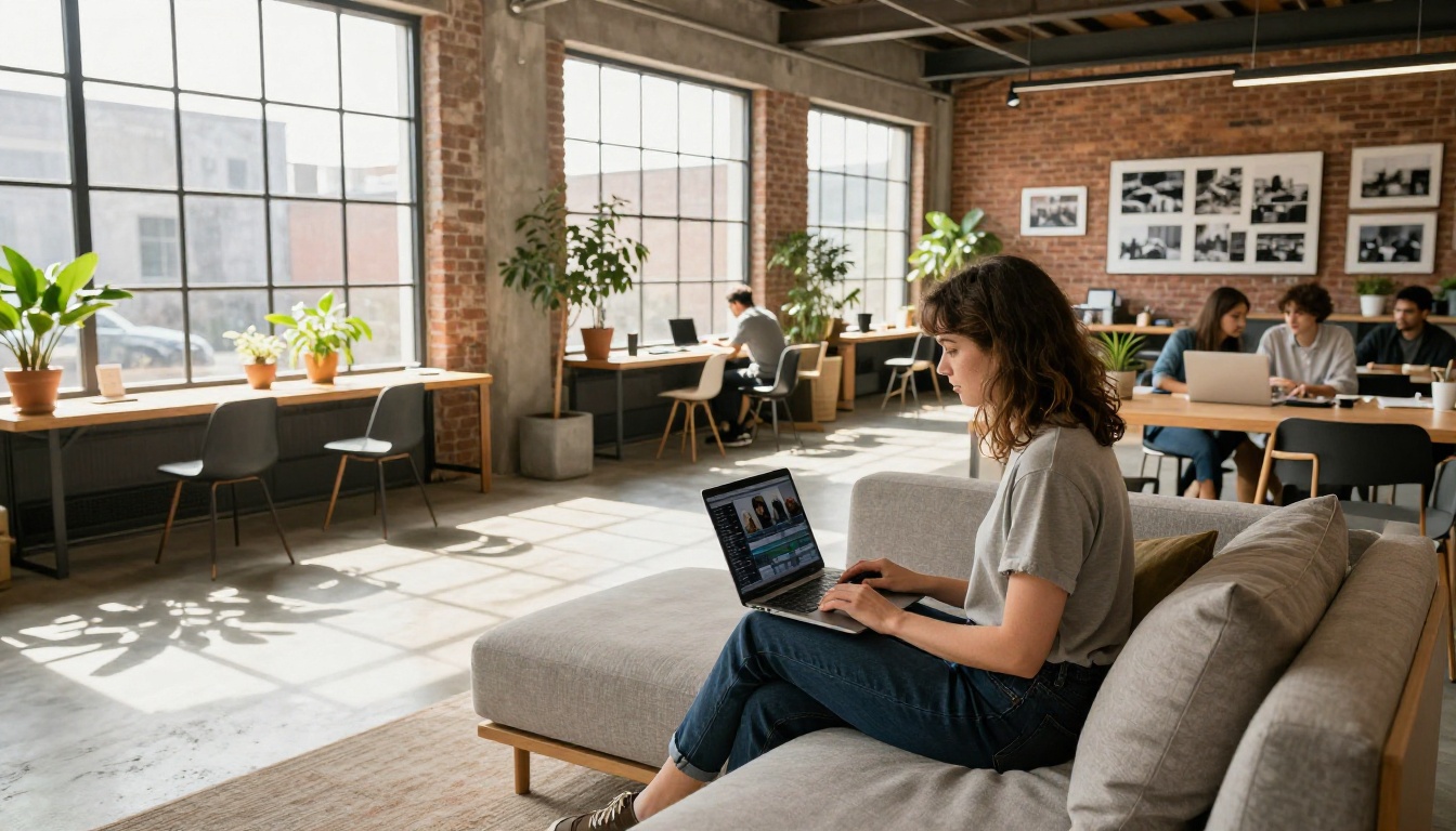 A woman in her late twenties sitting cross-legged on a sofa with a laptop in a modern co-working studio, daylight through expansive warehouse windows, plants casting organic shadow patterns on concrete floors, 35mm f/2.8, Kodak Portra 400