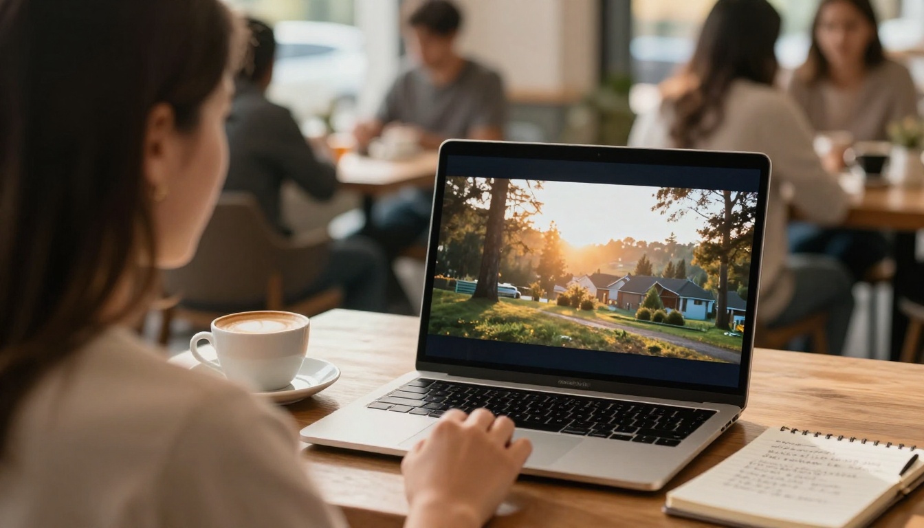 A female video producer watching cinematic footage on a laptop in a sunlit coffee shop, 85mm f/2 telephoto compression, cappuccino and handwritten notebook on the wooden table, Kodak Porta 160 natural daylight rendering