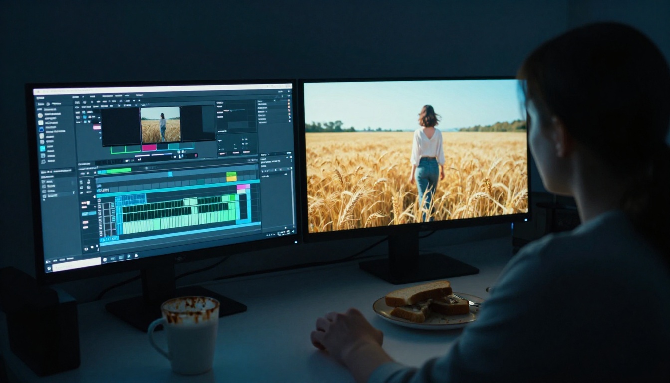Video editor working late at night with dual monitors showing video timeline and AI-generated footage Video editor working late at night with dual monitors showing video timeline and AI-generated footage