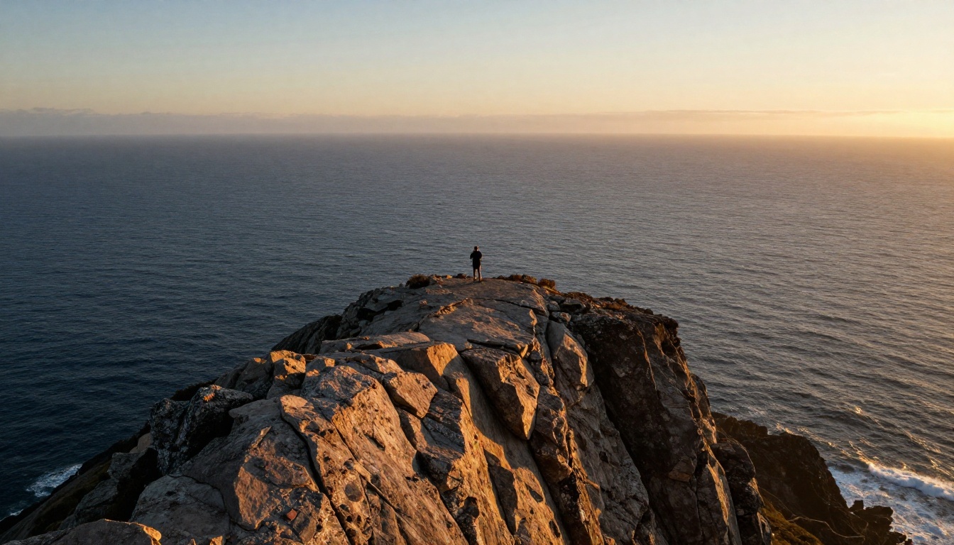 A lone filmmaker standing on a rocky clifftop at golden hour overlooking a vast ocean, aerial drone wide-angle shot, warm amber sunlight casting long directional shadows across stone texture, Kodak Ektar 100 vivid landscape rendering, atmospheric haze on the horizon