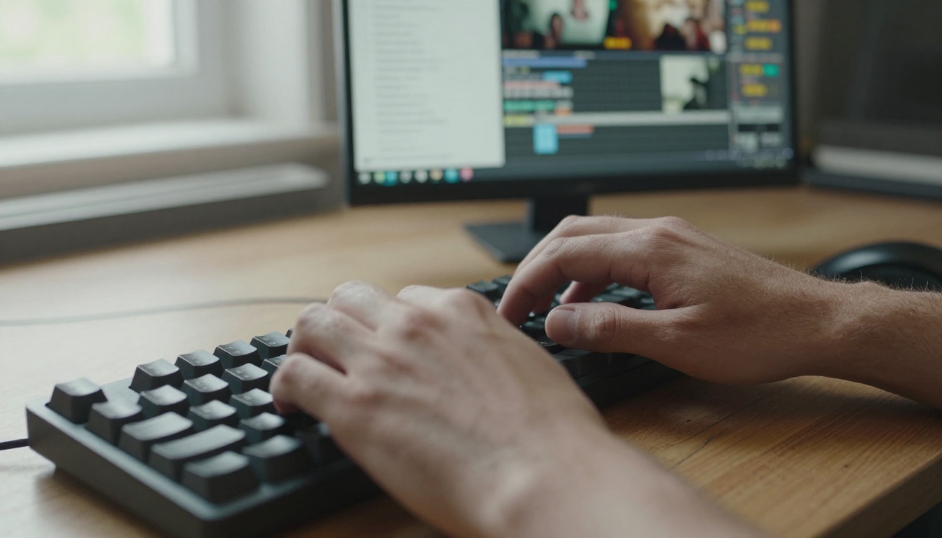 A filmmaker's hands typing a video generation prompt on a mechanical keyboard, wood desk, natural light from the left