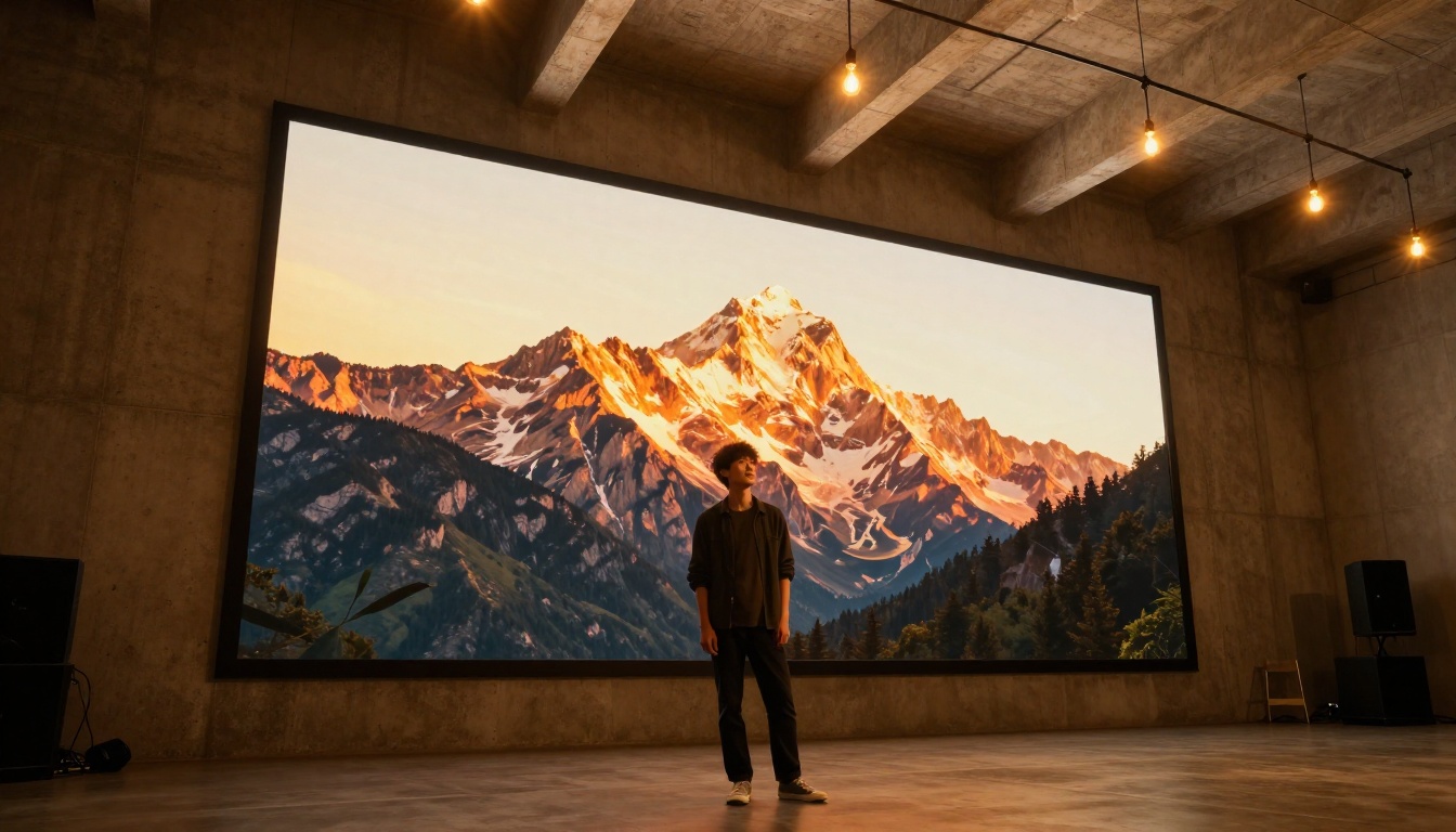 A creative professional standing in front of a wall-mounted screen showing AI-generated mountain landscape video