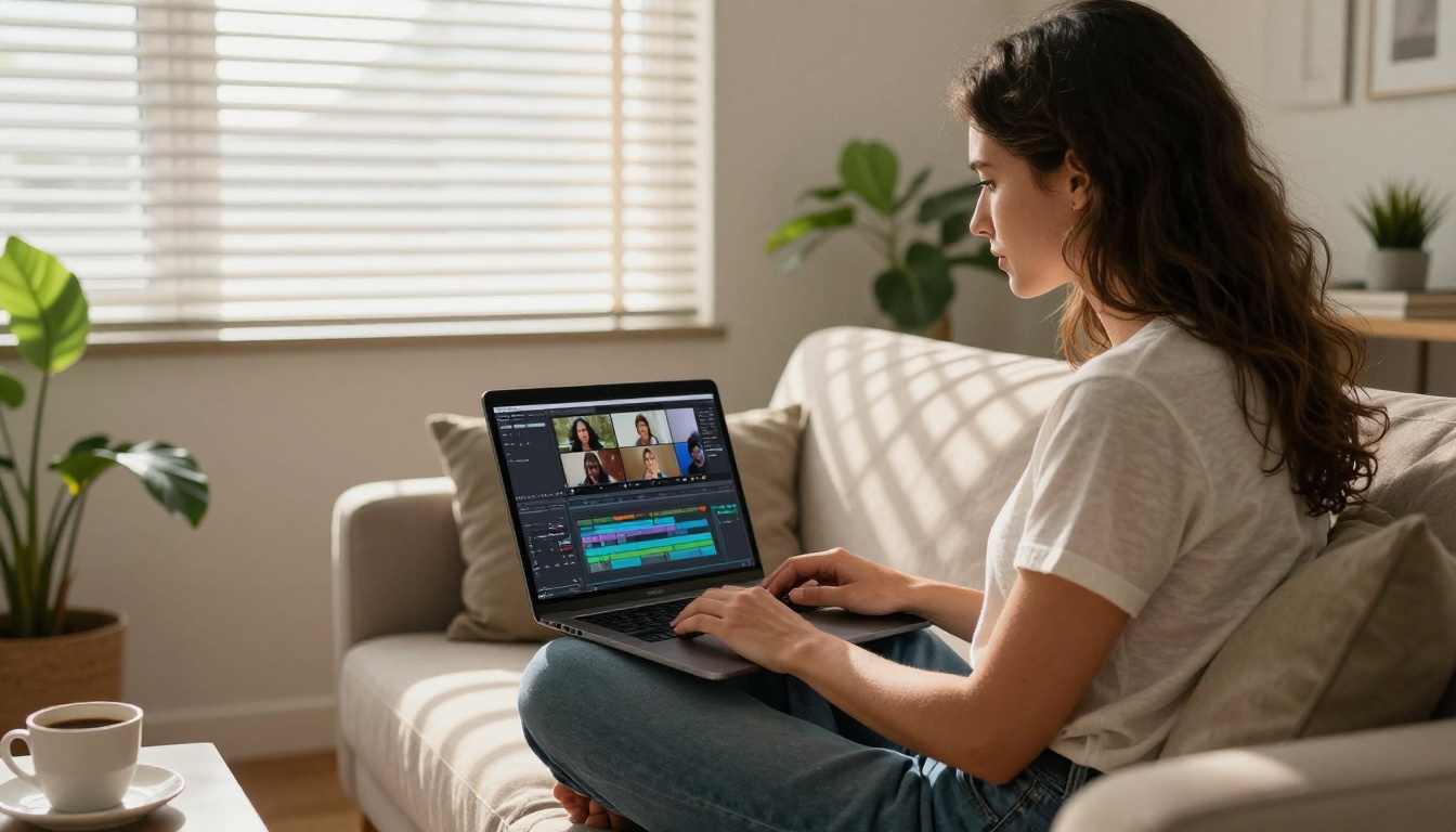 A woman sitting cross-legged on a couch reviewing a video editing interface on her laptop, afternoon light through blinds